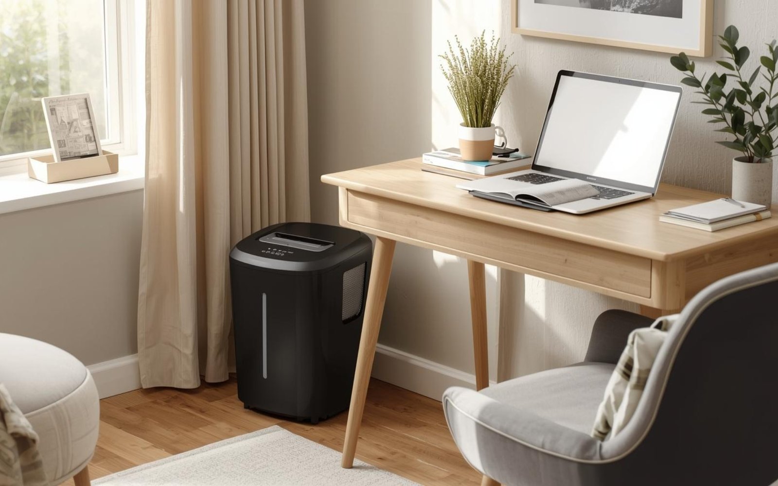 Compact black paper shredder beside a modern desk